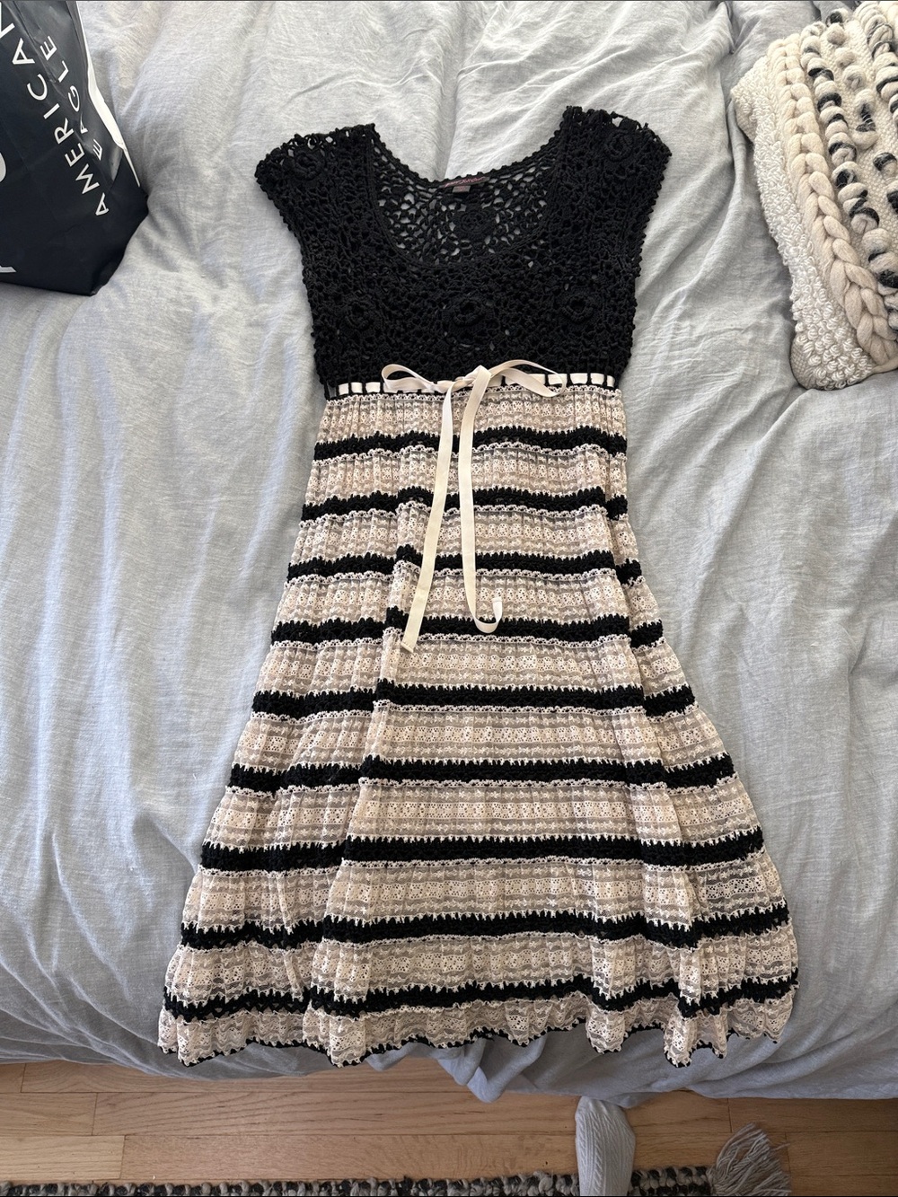 Betsey Johnson Black and Cream Crochet Tie-Waist Dress